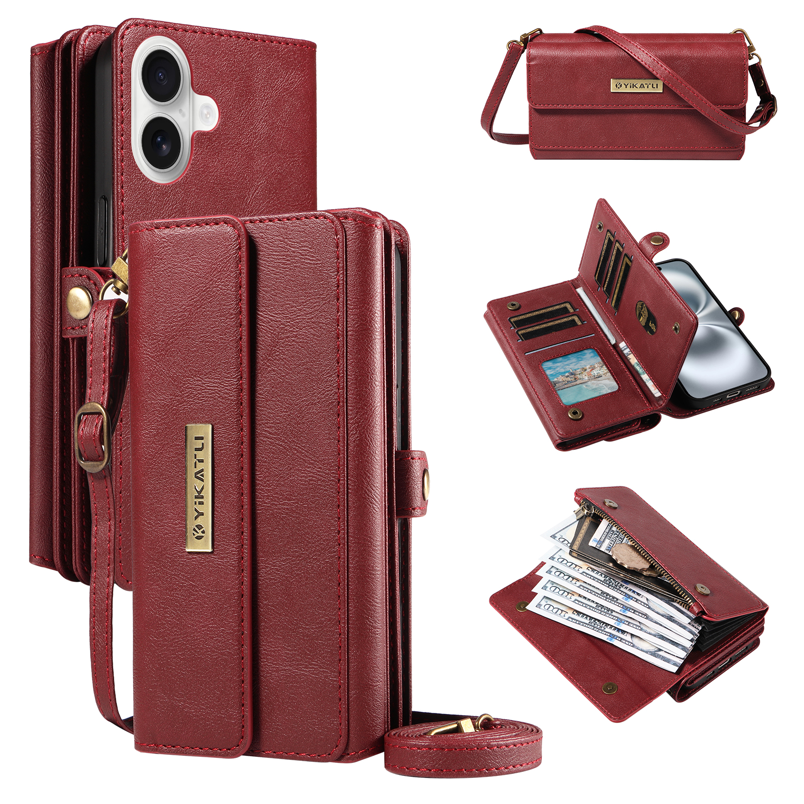 For iPhone 16 Case YIKATU YK-008 Zipper Wallet Leather Phone Cover with Shoulder Strap - Red