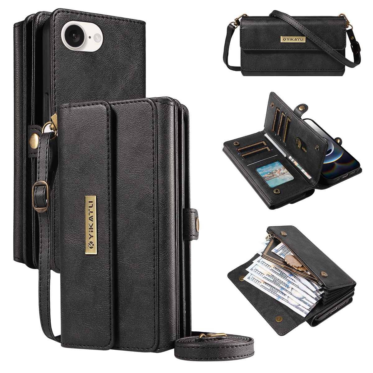 For iPhone 16e Case YIKATU YK-008 Zipper Wallet Leather Phone Cover with Shoulder Strap - Black