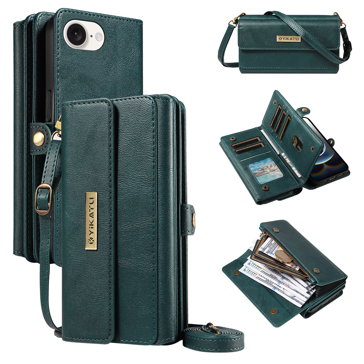 For iPhone 16e Case YIKATU YK-008 Zipper Wallet Leather Phone Cover with Shoulder Strap - Green