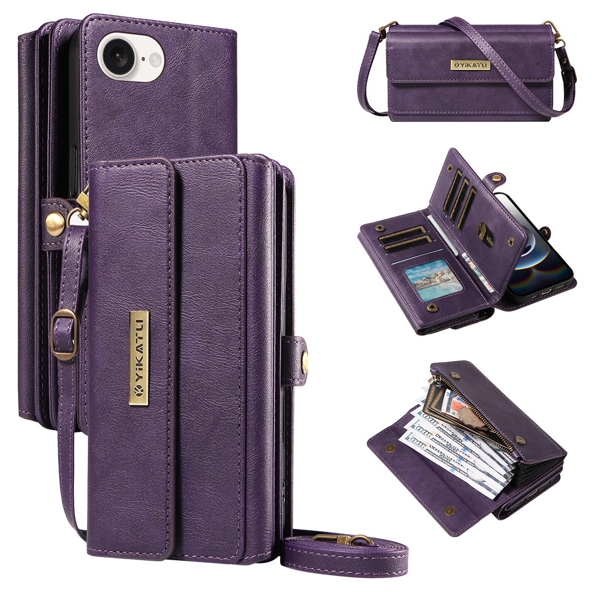 For iPhone 16e Case YIKATU YK-008 Zipper Wallet Leather Phone Cover with Shoulder Strap - Purple