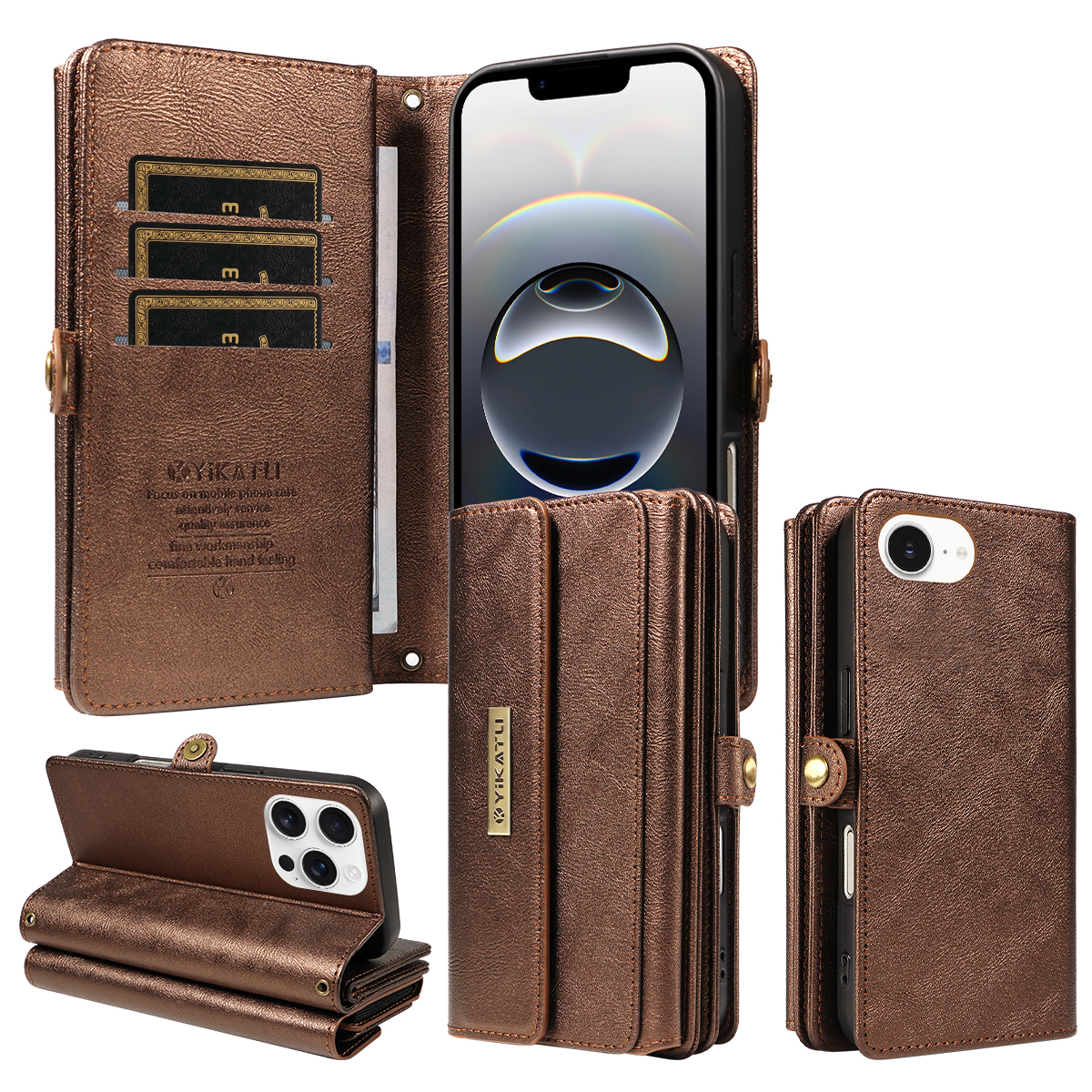 For iPhone 16e Case YIKATU YK-008 Zipper Wallet Leather Phone Cover with Shoulder Strap - Brown