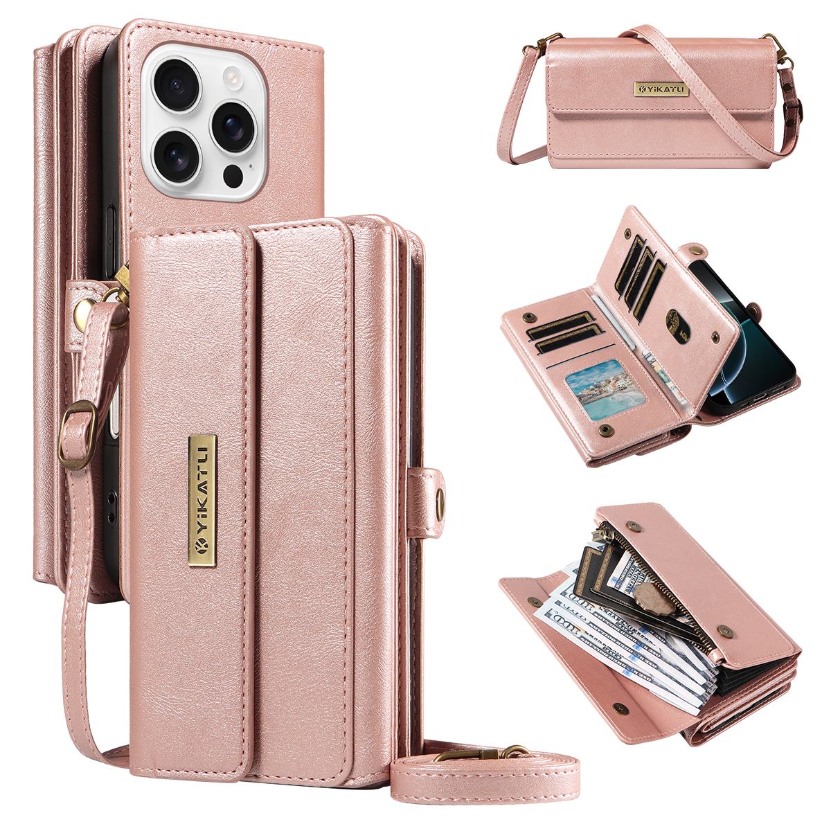 For iPhone 16 Pro Max Case YIKATU YK-008 Zipper Wallet Leather Phone Cover with Shoulder Strap - Rose Gold