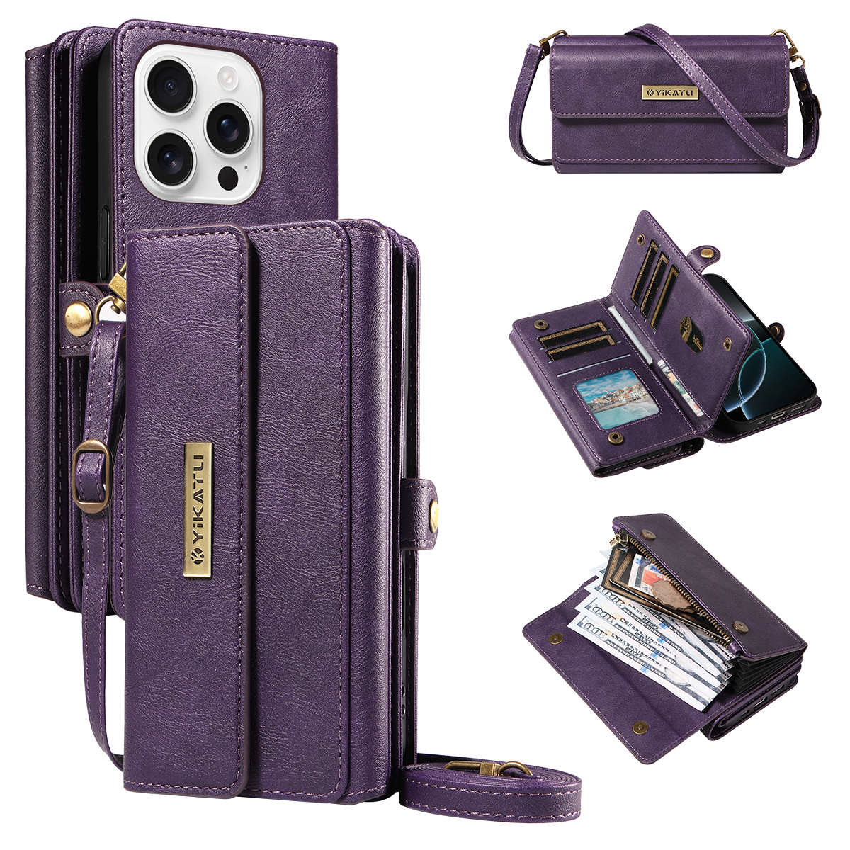 For iPhone 16 Pro Max Case YIKATU YK-008 Zipper Wallet Leather Phone Cover with Shoulder Strap - Purple