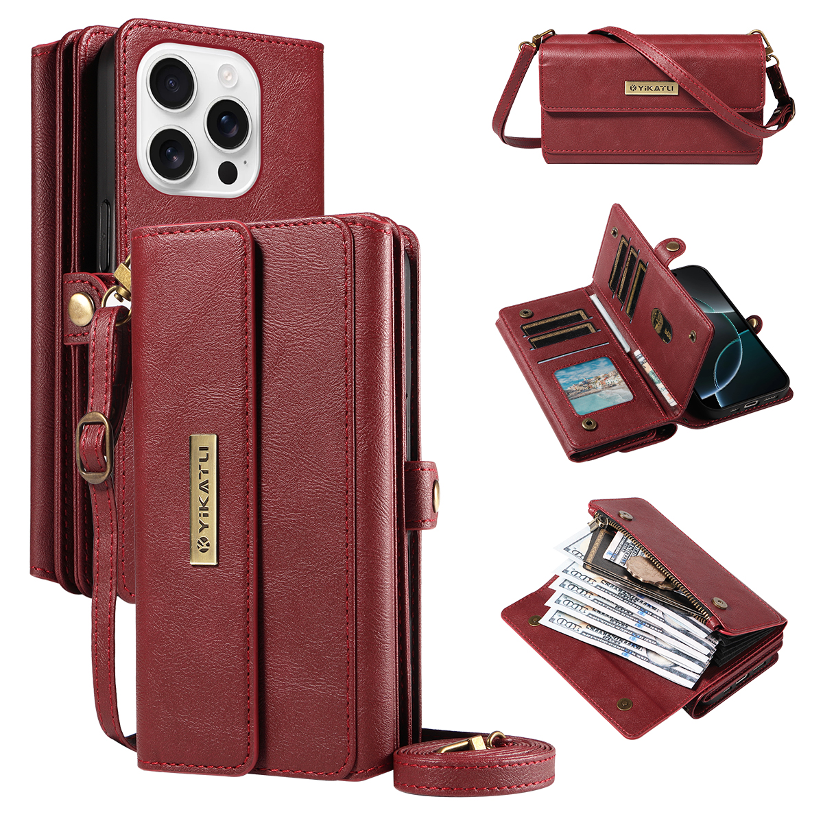 For iPhone 16 Pro Max Case YIKATU YK-008 Zipper Wallet Leather Phone Cover with Shoulder Strap - Red