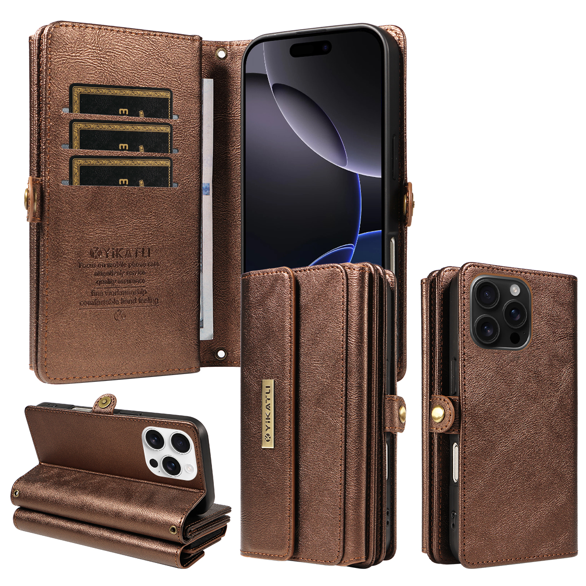 For iPhone 16 Pro Max Case YIKATU YK-008 Zipper Wallet Leather Phone Cover with Shoulder Strap - Brown