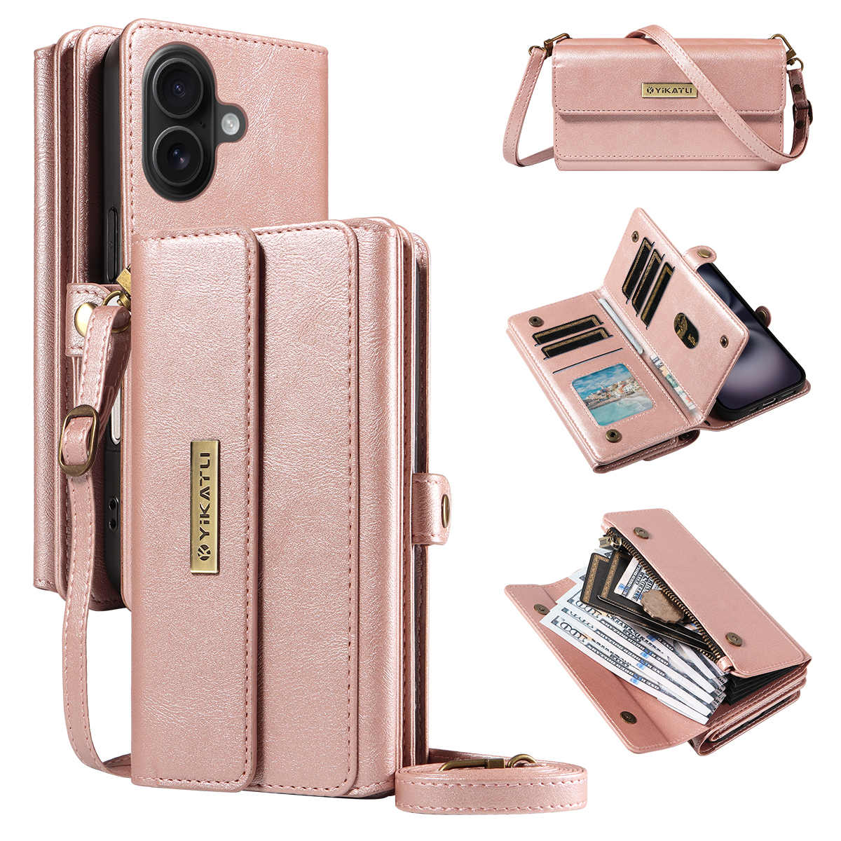For iPhone 16 Plus Case YIKATU YK-008 Zipper Wallet Leather Phone Cover with Shoulder Strap - Rose Gold