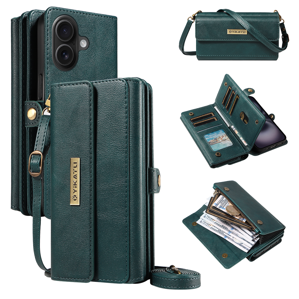 For iPhone 16 Plus Case YIKATU YK-008 Zipper Wallet Leather Phone Cover with Shoulder Strap - Green