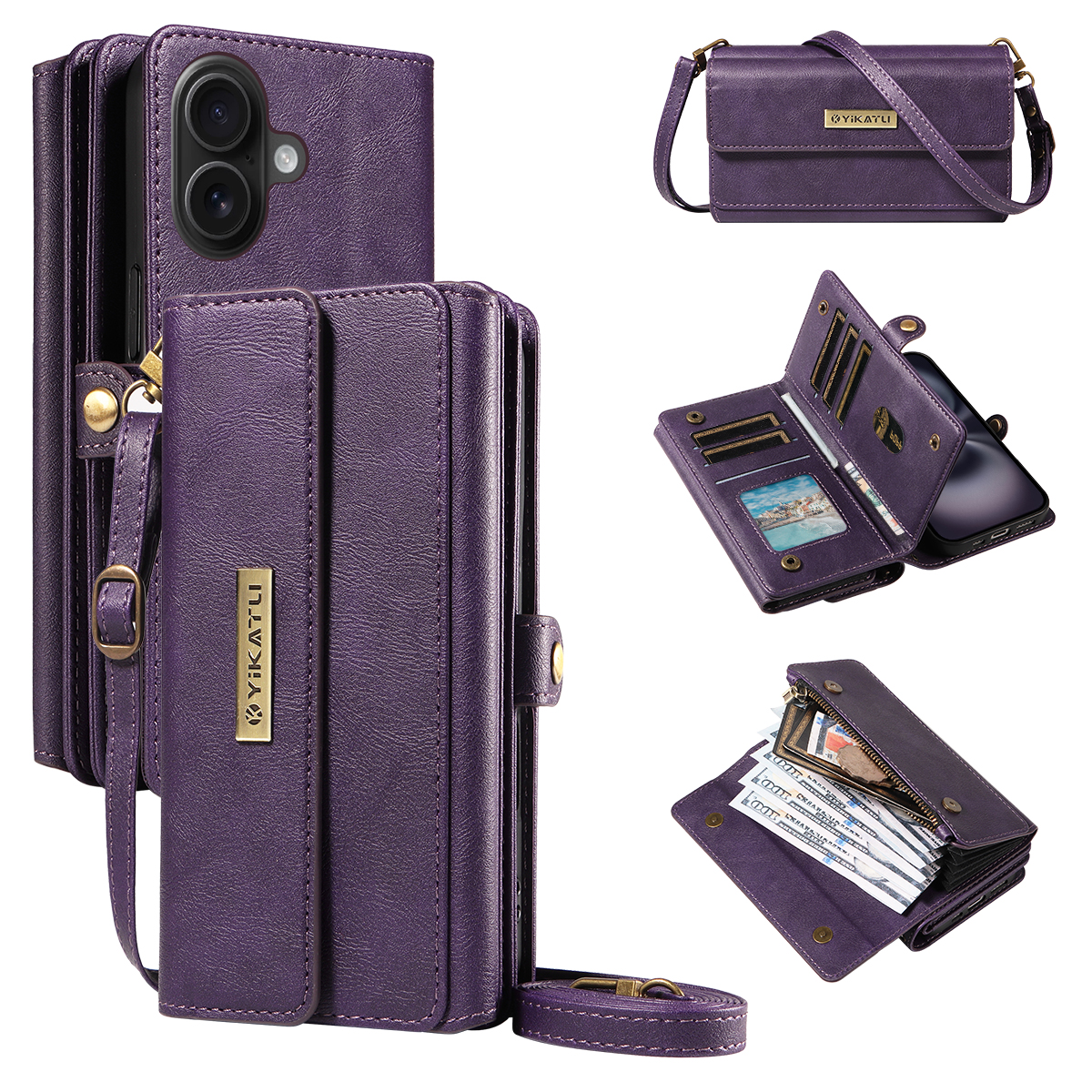 For iPhone 16 Plus Case YIKATU YK-008 Zipper Wallet Leather Phone Cover with Shoulder Strap - Purple