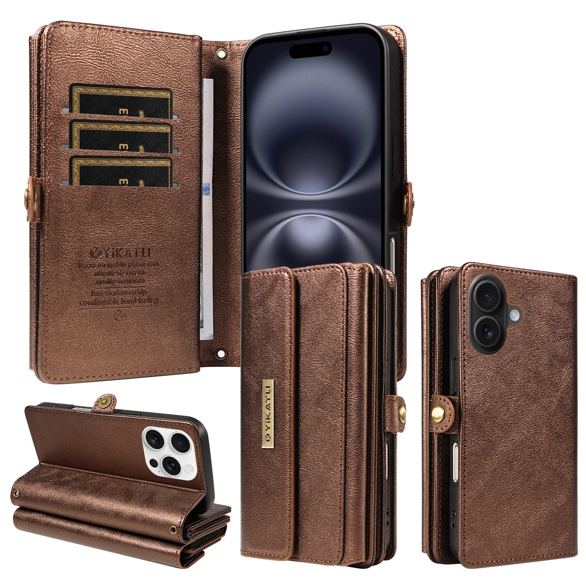 For iPhone 16 Plus Case YIKATU YK-008 Zipper Wallet Leather Phone Cover with Shoulder Strap - Brown