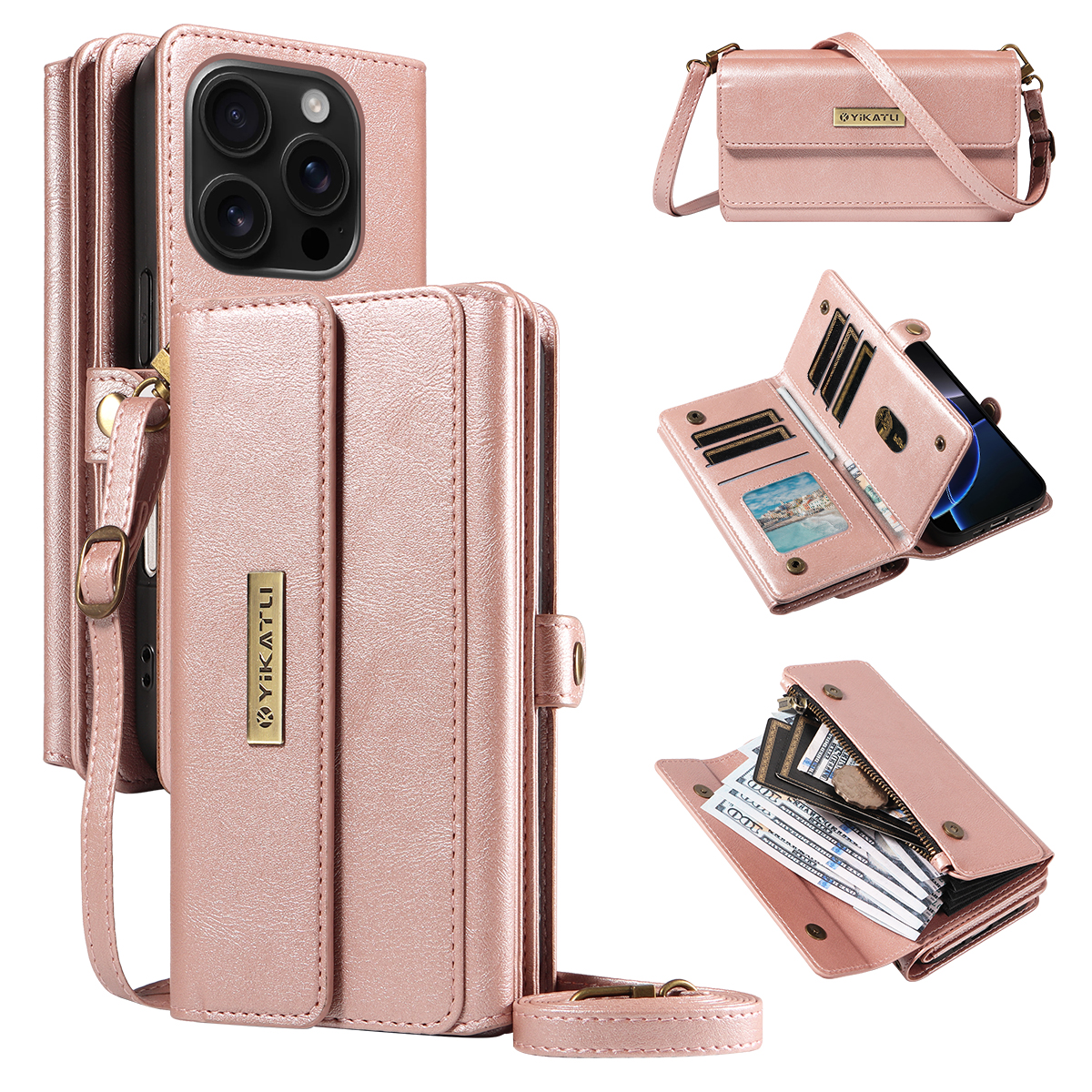 For iPhone 16 Pro Case YIKATU YK-008 Zipper Wallet Leather Phone Cover with Shoulder Strap - Rose Gold
