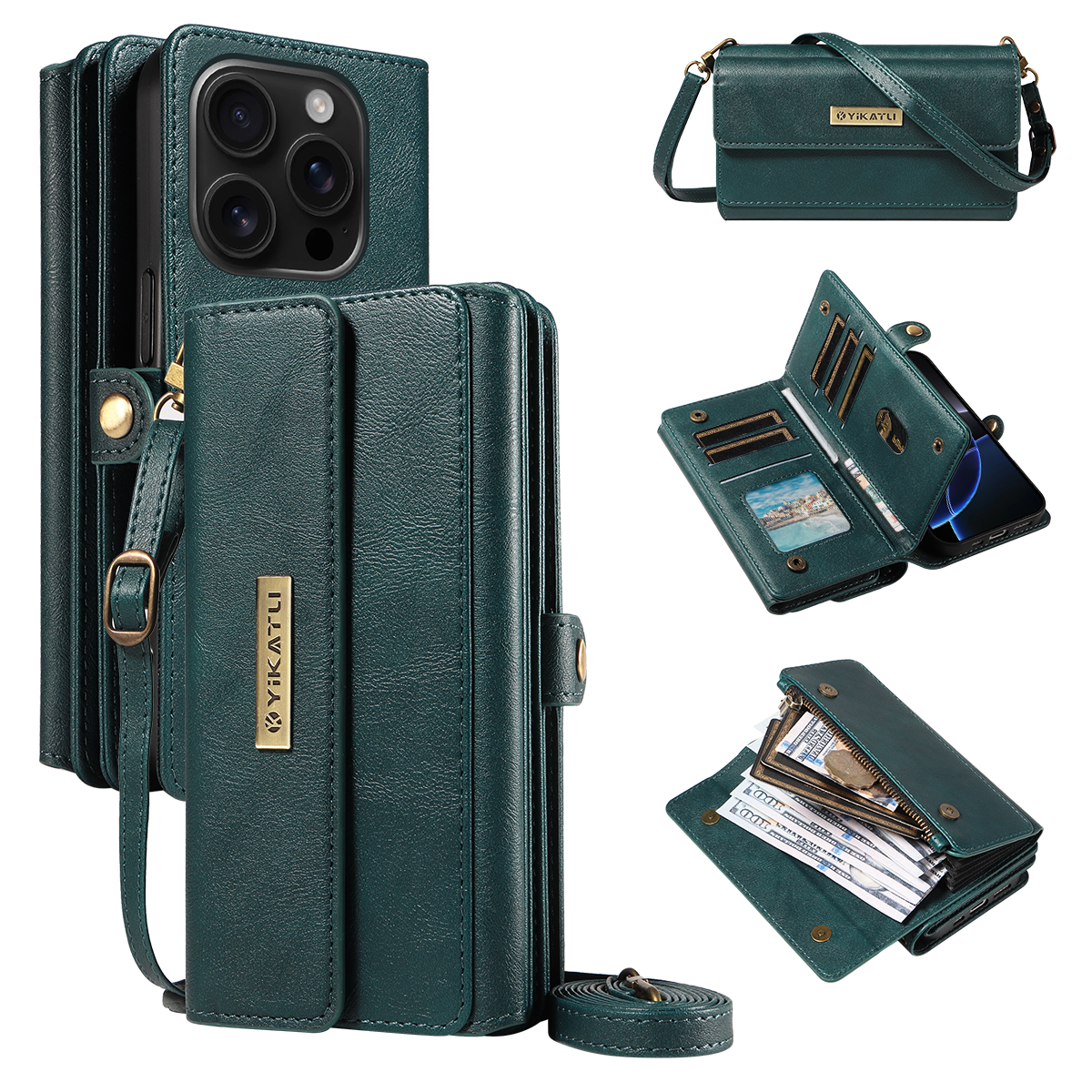 For iPhone 16 Pro Case YIKATU YK-008 Zipper Wallet Leather Phone Cover with Shoulder Strap - Green