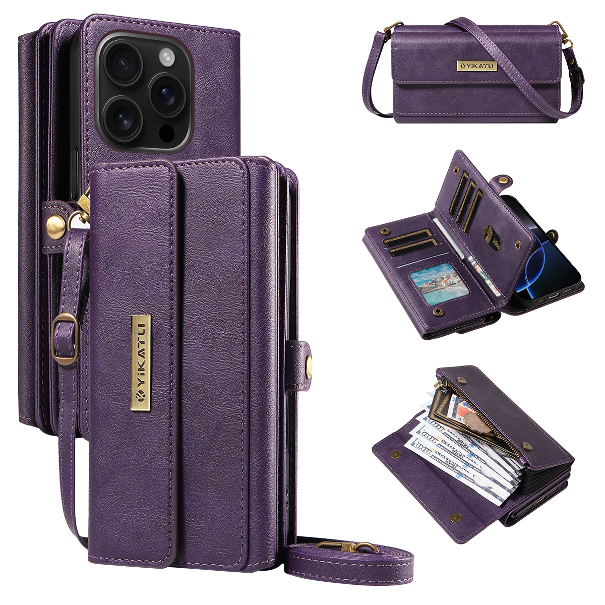 For iPhone 16 Pro Case YIKATU YK-008 Zipper Wallet Leather Phone Cover with Shoulder Strap - Purple