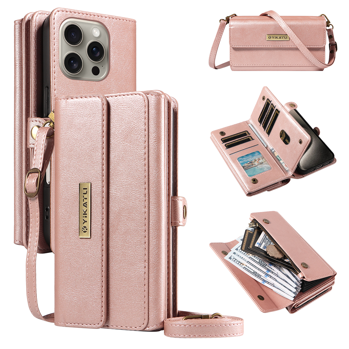 For iPhone 15 Pro Max Case YIKATU YK-008 Zipper Wallet Leather Phone Cover with Shoulder Strap - Rose Gold