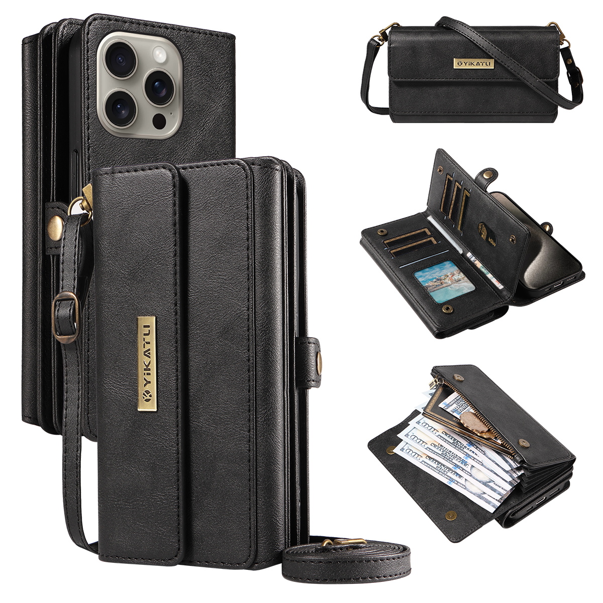 For iPhone 15 Pro Max Case YIKATU YK-008 Zipper Wallet Leather Phone Cover with Shoulder Strap - Black