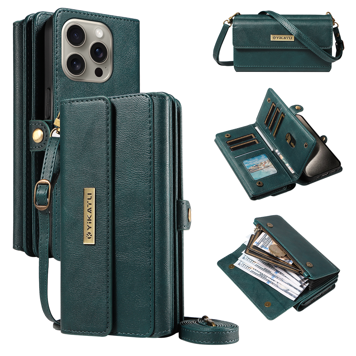 For iPhone 15 Pro Max Case YIKATU YK-008 Zipper Wallet Leather Phone Cover with Shoulder Strap - Green