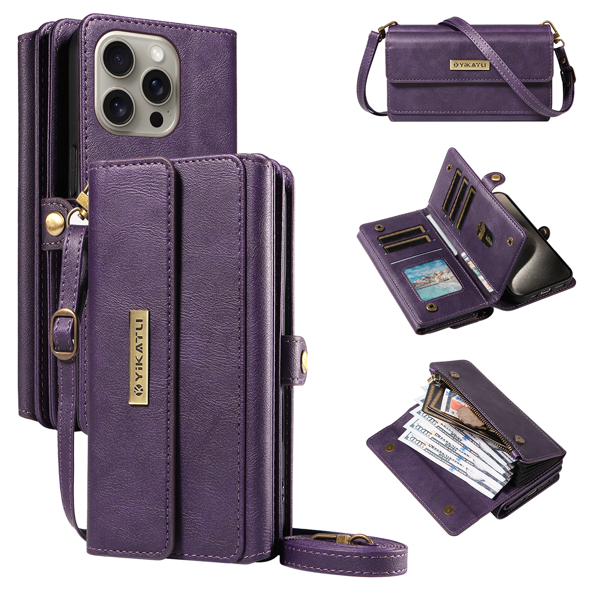 For iPhone 15 Pro Max Case YIKATU YK-008 Zipper Wallet Leather Phone Cover with Shoulder Strap - Purple