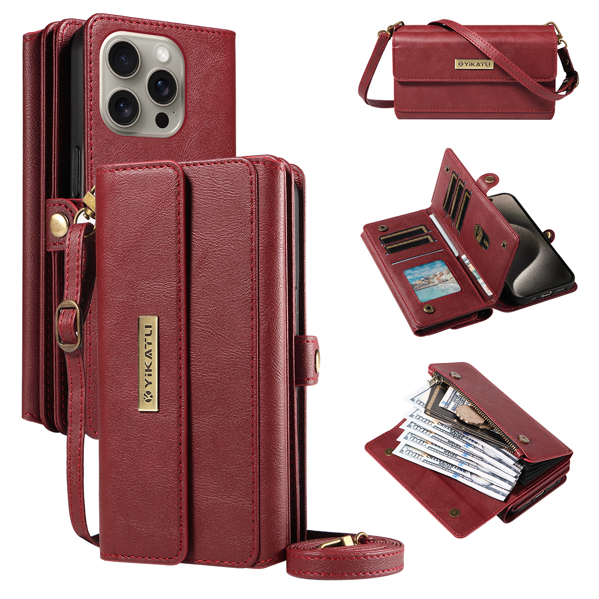 For iPhone 15 Pro Max Case YIKATU YK-008 Zipper Wallet Leather Phone Cover with Shoulder Strap - Red