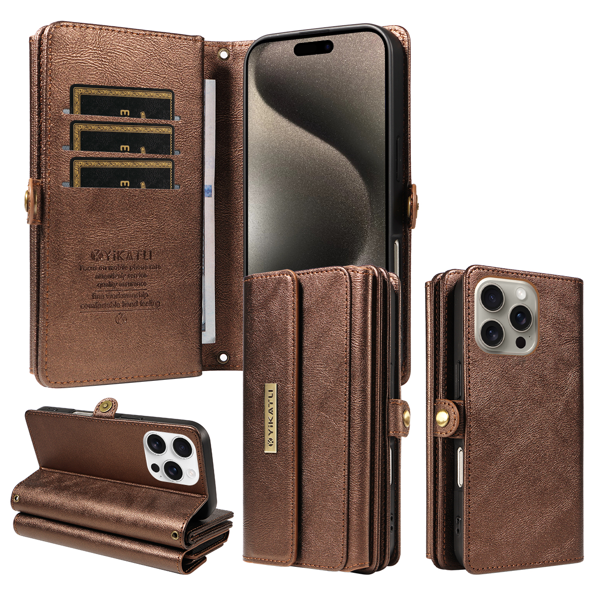 For iPhone 15 Pro Max Case YIKATU YK-008 Zipper Wallet Leather Phone Cover with Shoulder Strap - Brown