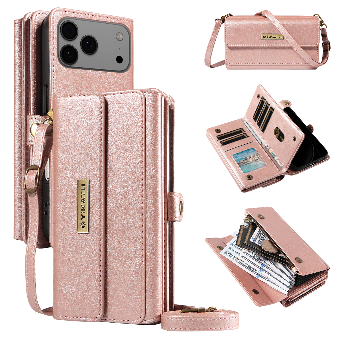 For iPhone 17 Pro Max Case YIKATU YK-008 Zipper Wallet Leather Phone Cover with Shoulder Strap - Rose Gold
