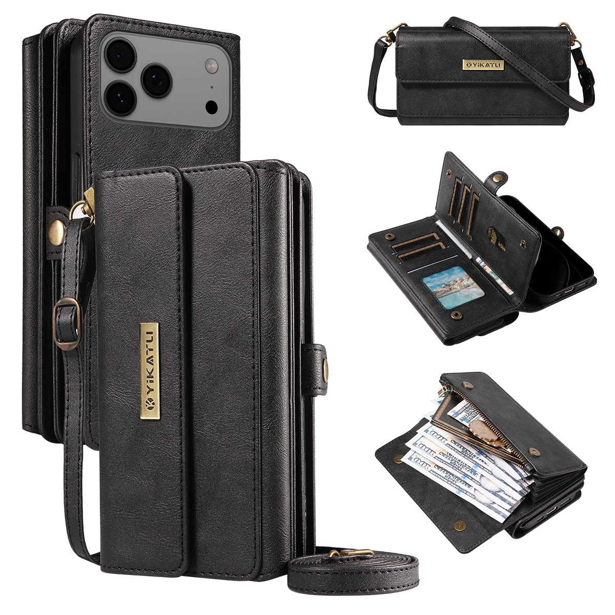 For iPhone 17 Pro Max Case YIKATU YK-008 Zipper Wallet Leather Phone Cover with Shoulder Strap - Black