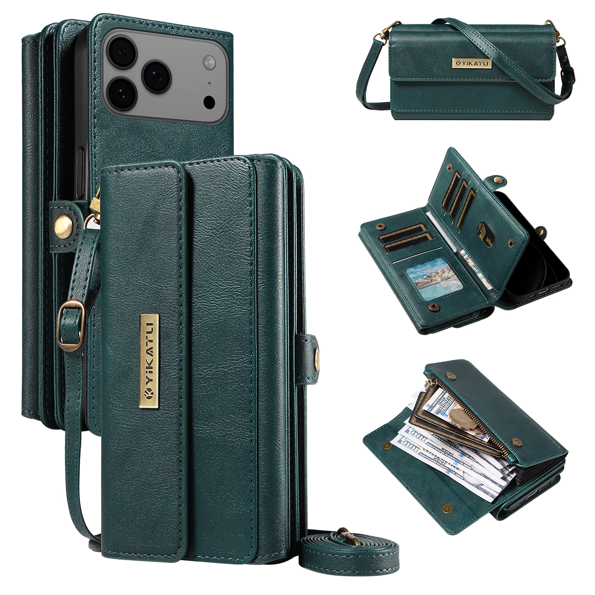 For iPhone 17 Pro Max Case YIKATU YK-008 Zipper Wallet Leather Phone Cover with Shoulder Strap - Green