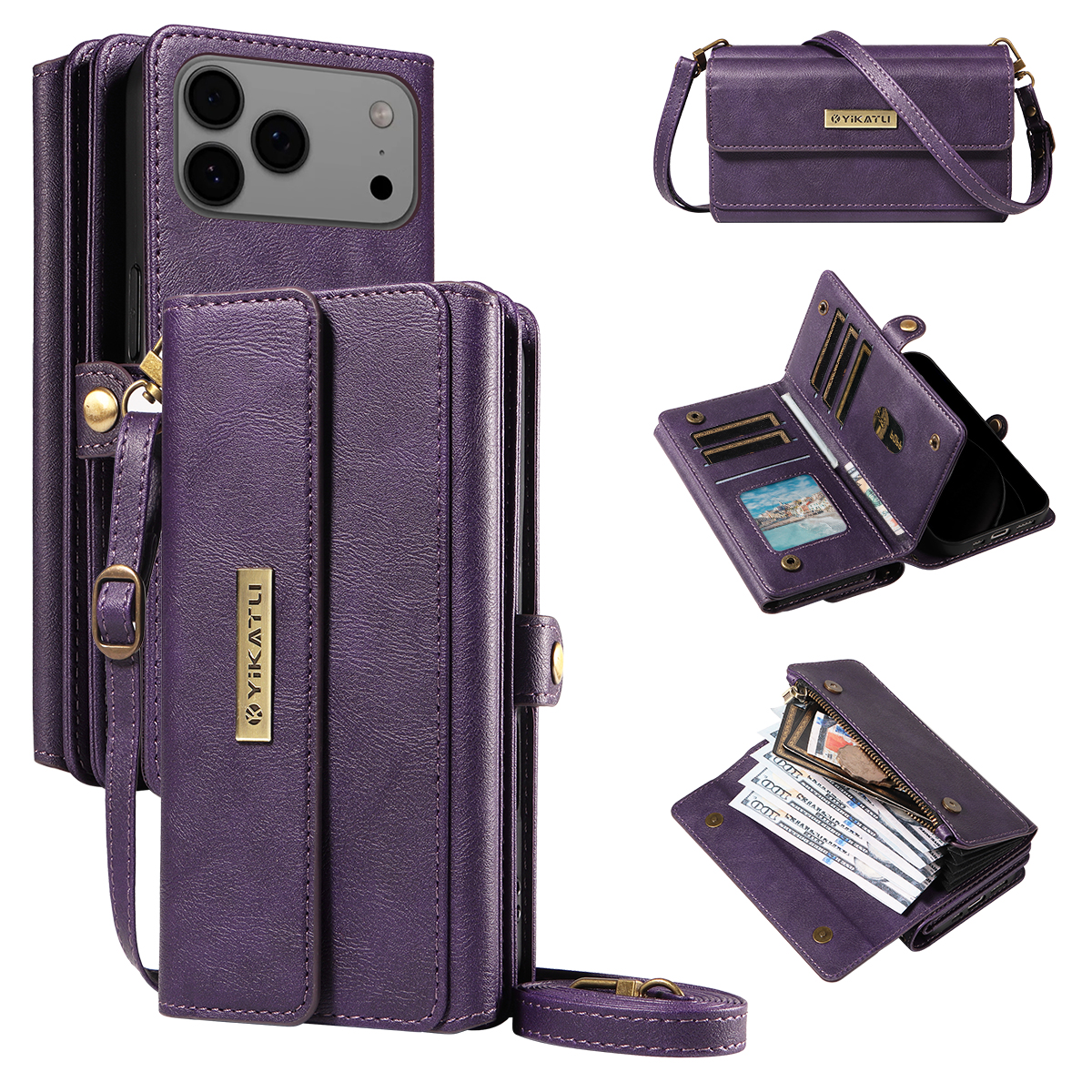 For iPhone 17 Pro Max Case YIKATU YK-008 Zipper Wallet Leather Phone Cover with Shoulder Strap - Purple