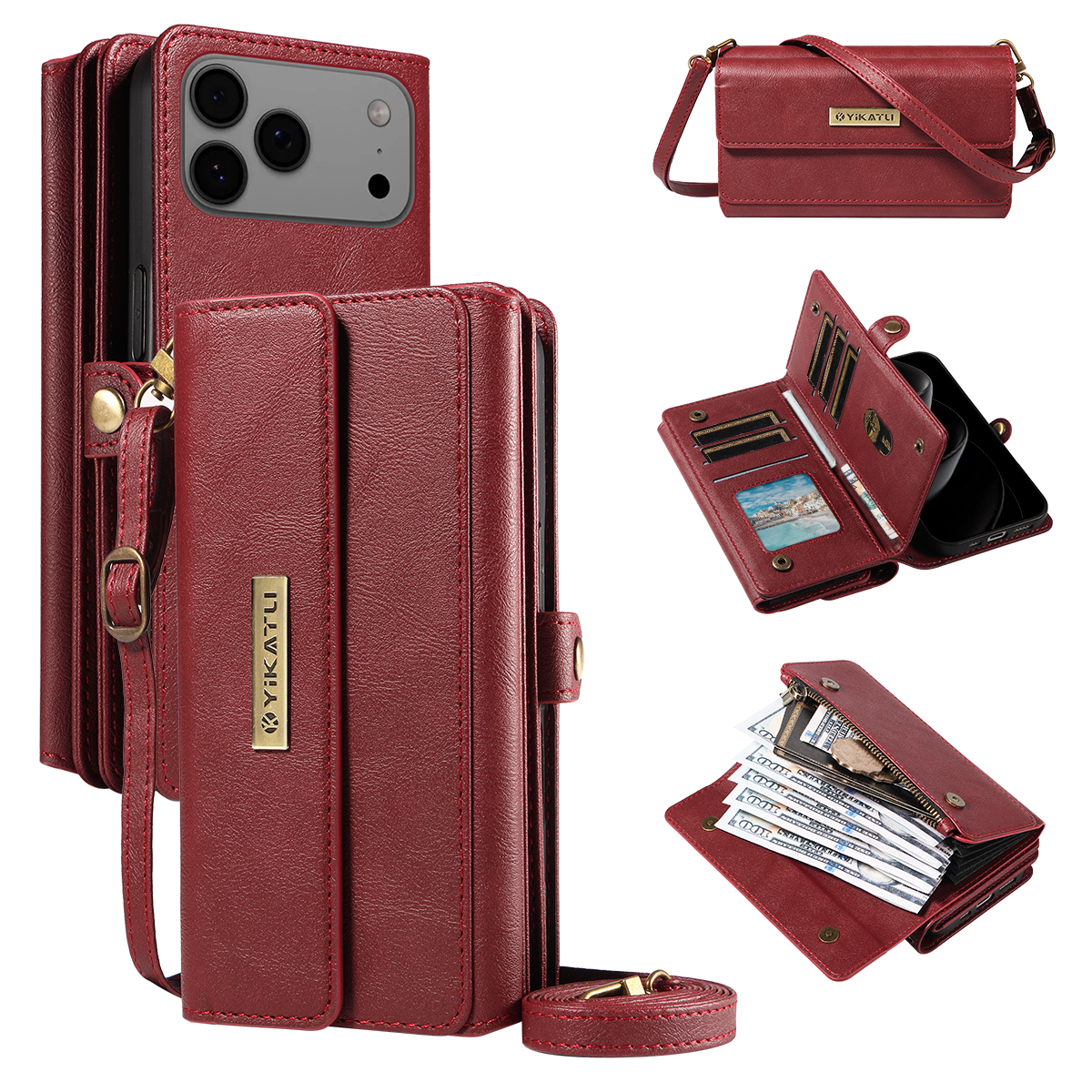 For iPhone 17 Pro Max Case YIKATU YK-008 Zipper Wallet Leather Phone Cover with Shoulder Strap - Red