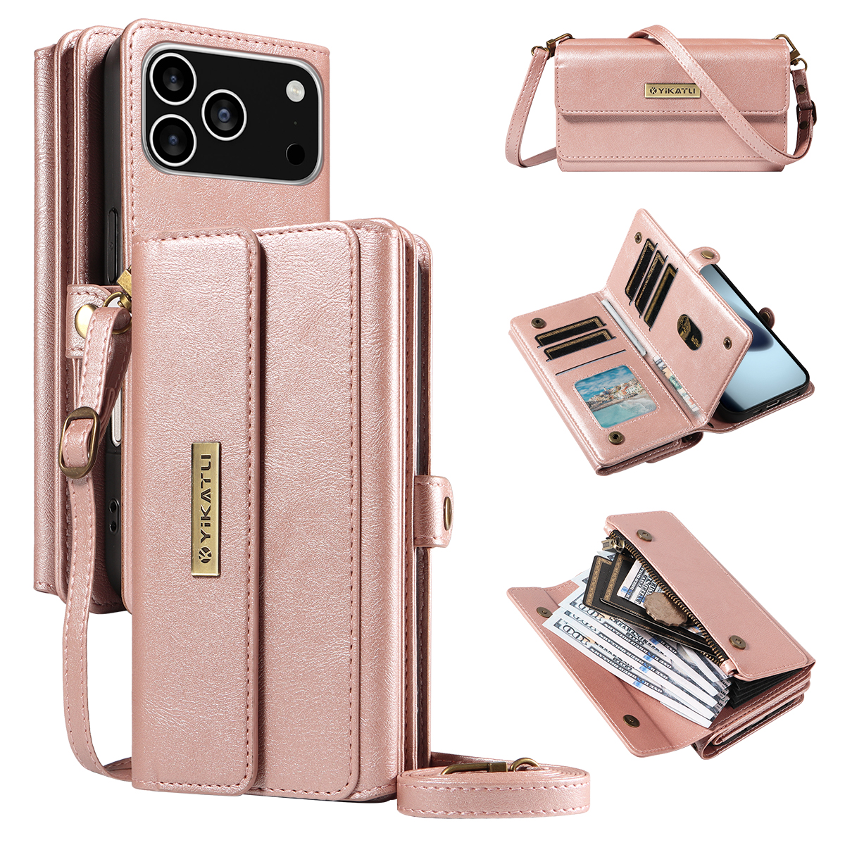 For iPhone 17 Pro Case YIKATU YK-008 Zipper Wallet Leather Phone Cover with Shoulder Strap - Rose Gold