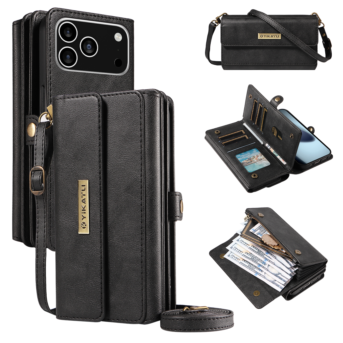 For iPhone 17 Pro Case YIKATU YK-008 Zipper Wallet Leather Phone Cover with Shoulder Strap - Black