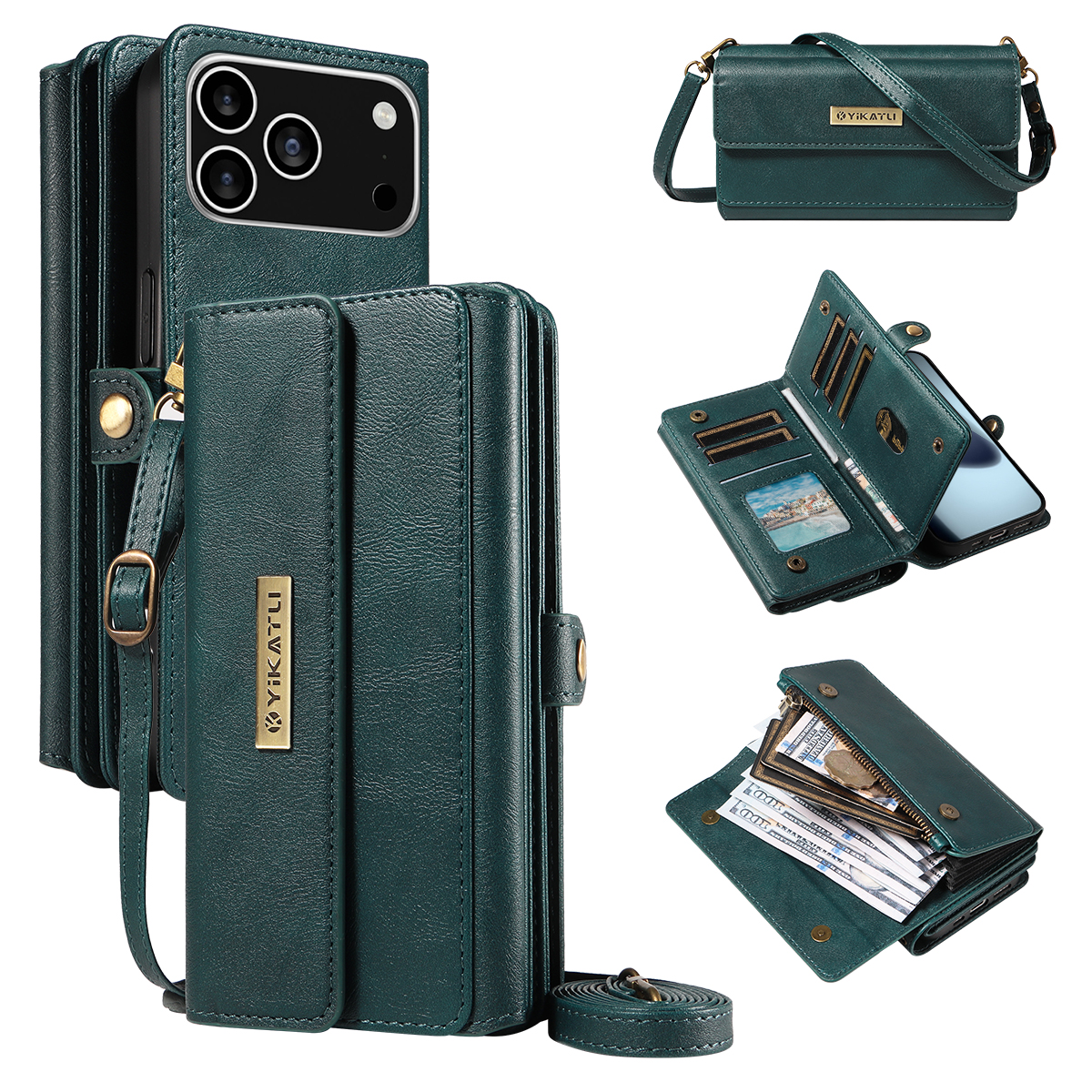 For iPhone 17 Pro Case YIKATU YK-008 Zipper Wallet Leather Phone Cover with Shoulder Strap - Green