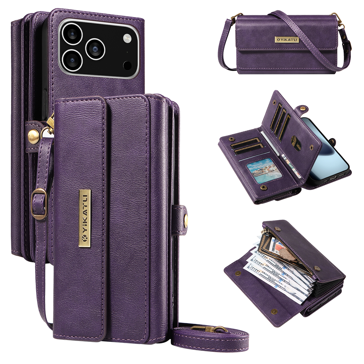 For iPhone 17 Pro Case YIKATU YK-008 Zipper Wallet Leather Phone Cover with Shoulder Strap - Purple