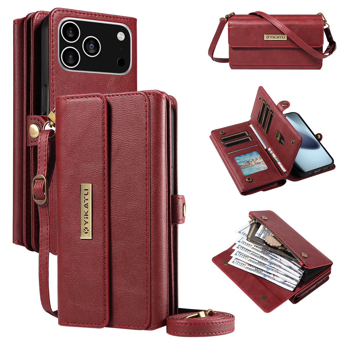 For iPhone 17 Pro Case YIKATU YK-008 Zipper Wallet Leather Phone Cover with Shoulder Strap - Red