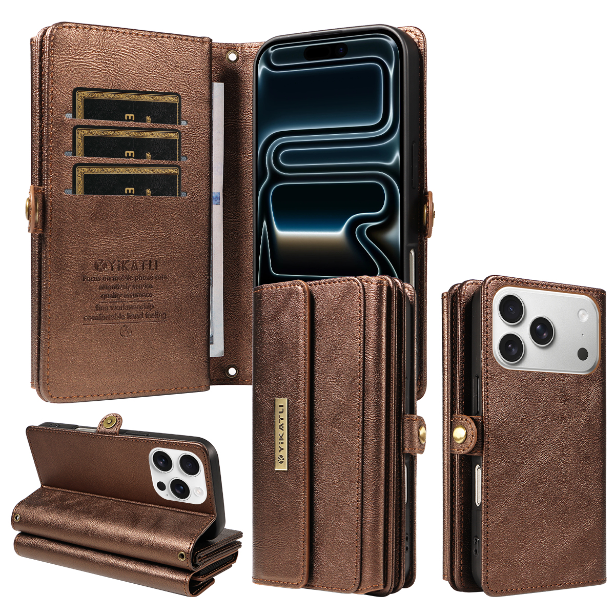 For iPhone 17 Pro Case YIKATU YK-008 Zipper Wallet Leather Phone Cover with Shoulder Strap - Brown