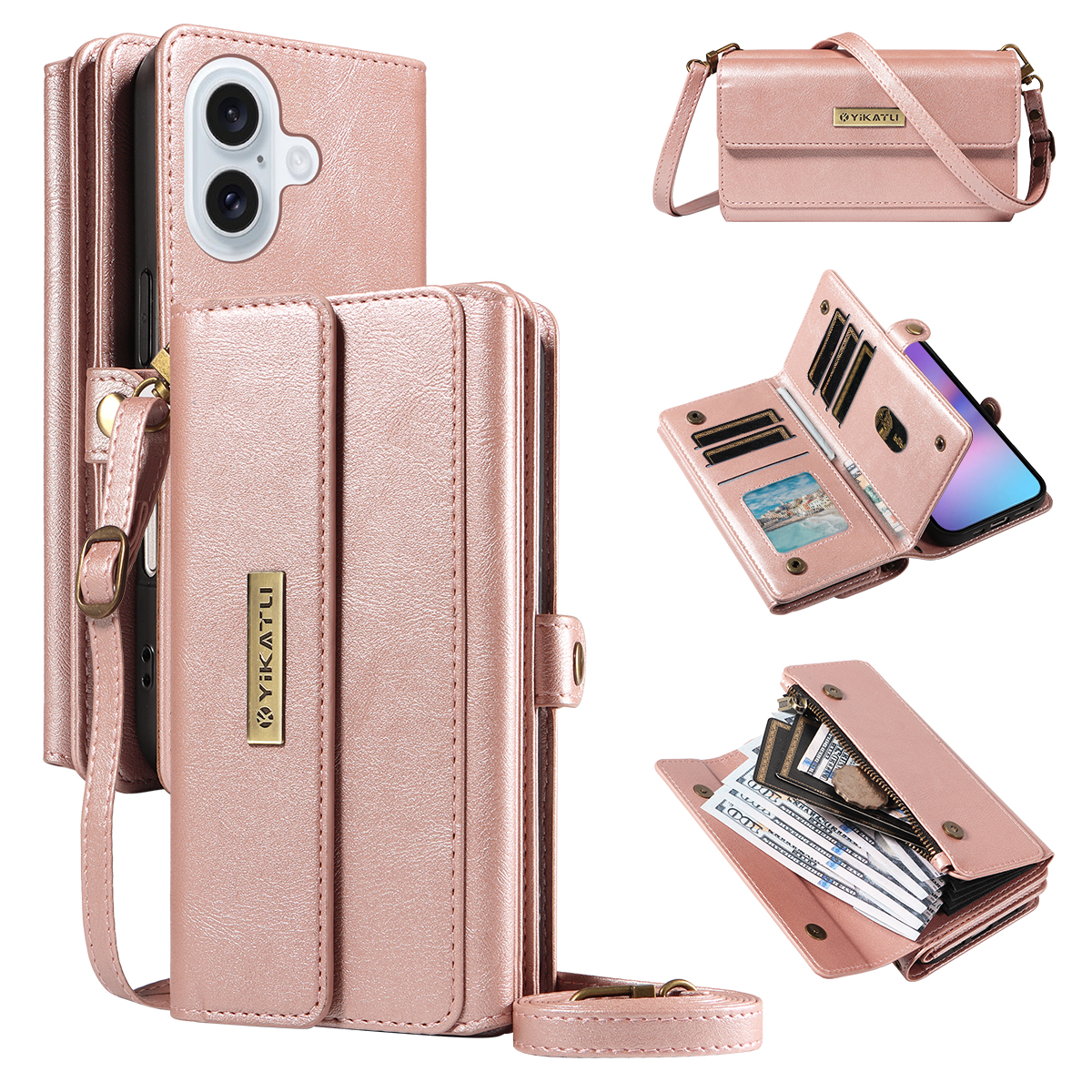 For iPhone 17 Case YIKATU YK-008 Zipper Wallet Leather Phone Cover with Shoulder Strap - Rose Gold