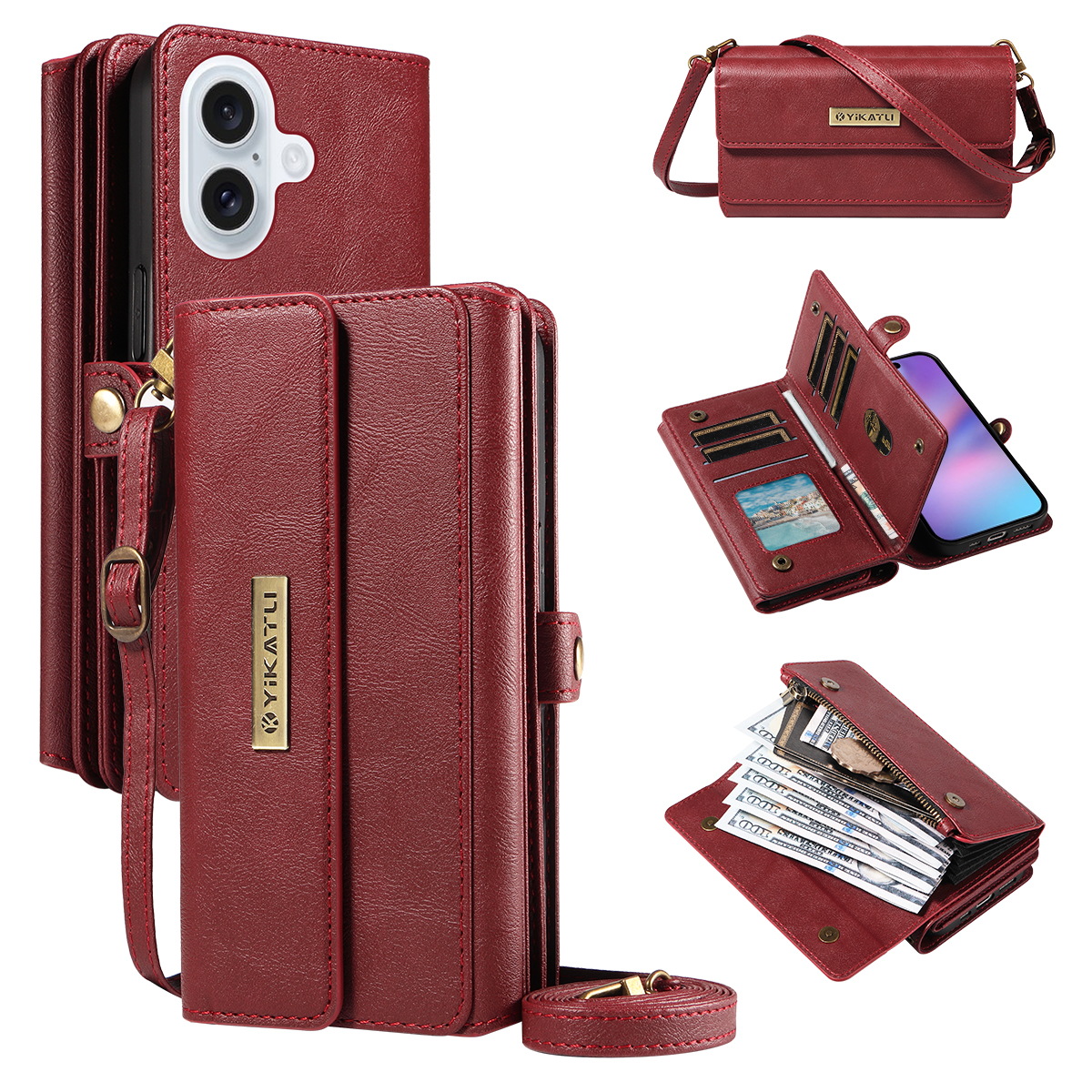 For iPhone 17 Case YIKATU YK-008 Zipper Wallet Leather Phone Cover with Shoulder Strap - Red