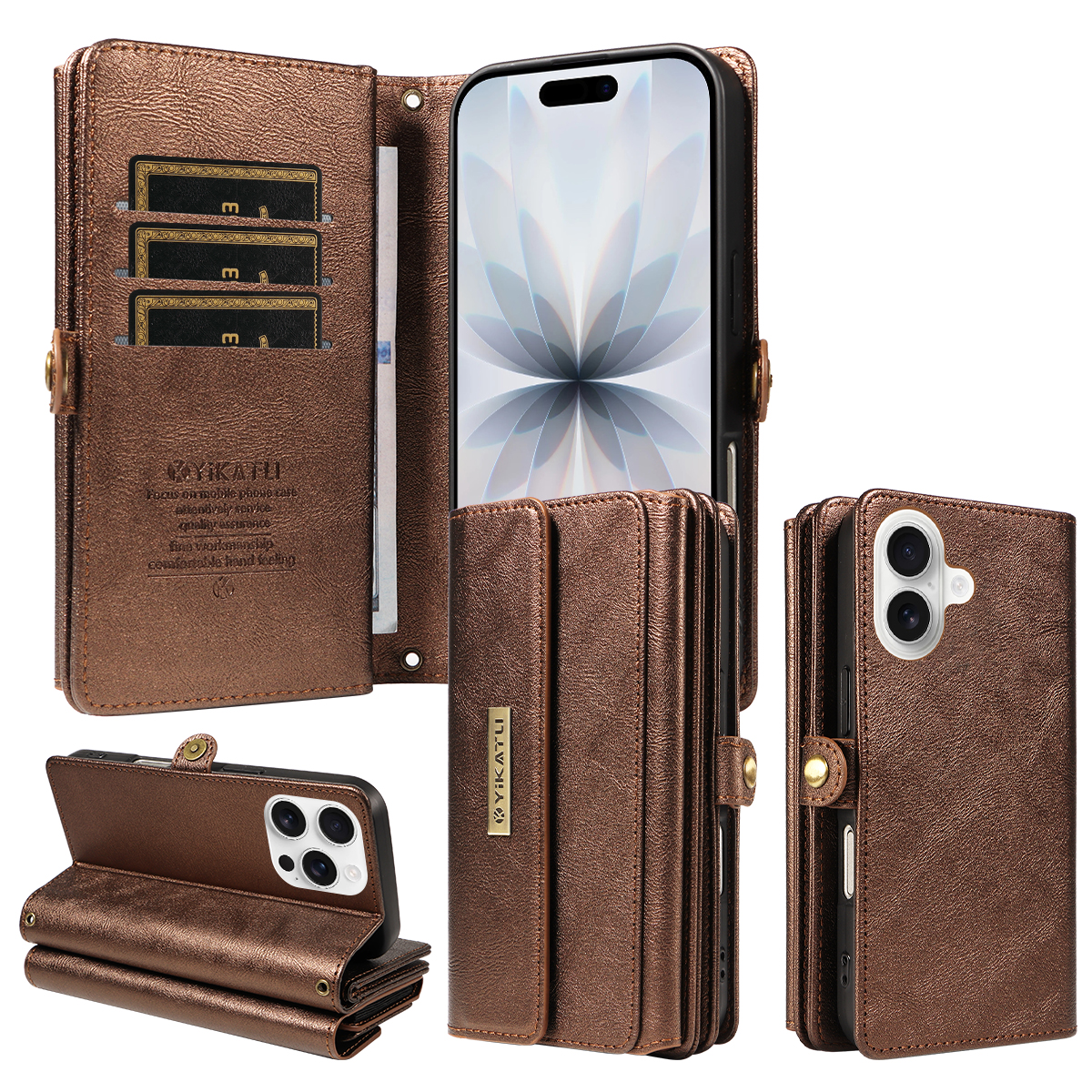 For iPhone 17 Case YIKATU YK-008 Zipper Wallet Leather Phone Cover with Shoulder Strap - Brown