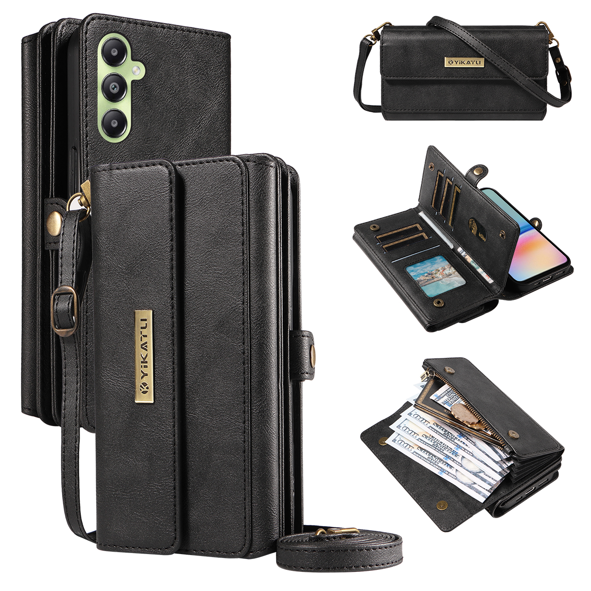 YIKATU For Samsung Galaxy A05s 4G Case YK-008 Zipper Wallet Leather Phone Cover with Shoulder Strap - Black