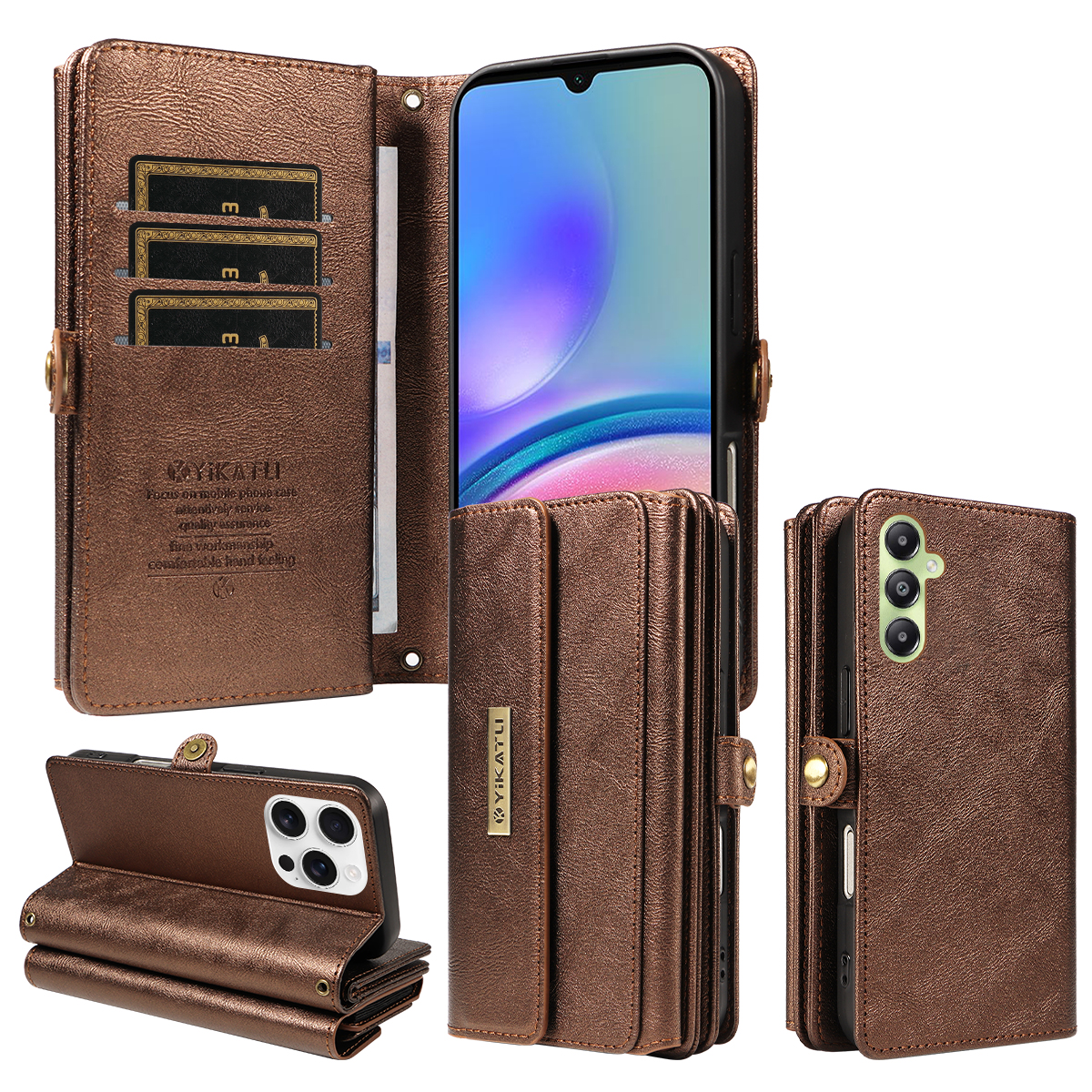 YIKATU For Samsung Galaxy A05s 4G Case  YK-008 Zipper Wallet Leather Phone Cover with Shoulder Strap - Brown