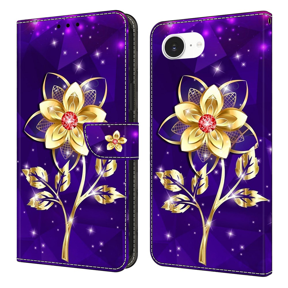 For iPhone 16e Wallet Case Pattern Printing PU Leather Flip Stand Phone Cover - Golden Flowers on Purple