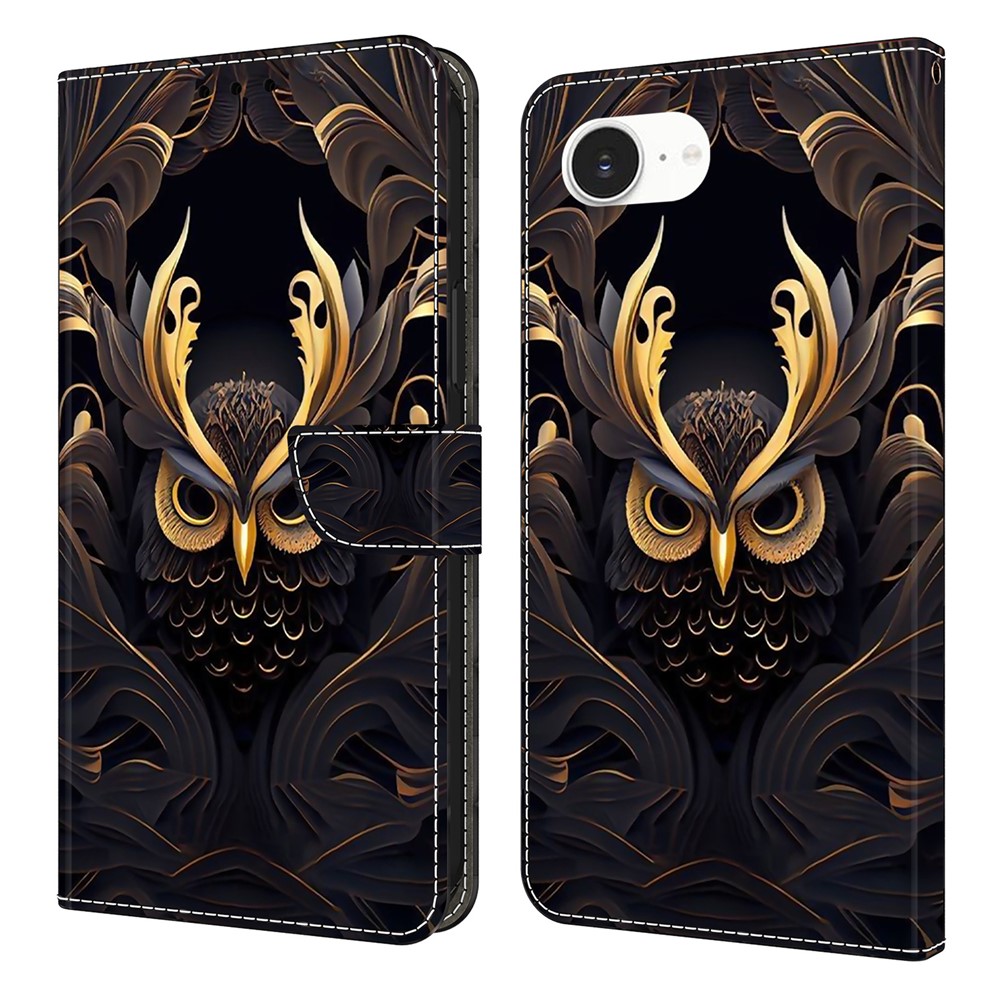 For iPhone 16e Wallet Case Pattern Printing PU Leather Flip Stand Phone Cover - Owl