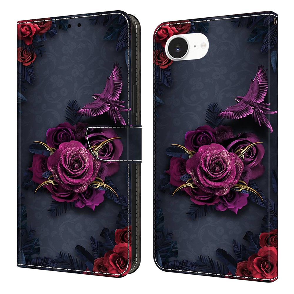 For iPhone 16e Wallet Case Pattern Printing PU Leather Flip Stand Phone Cover - Bright Purple Flowers