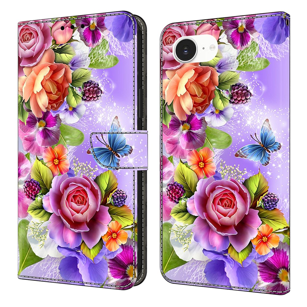 For iPhone 16e Wallet Case Pattern Printing PU Leather Flip Stand Phone Cover - Flowers