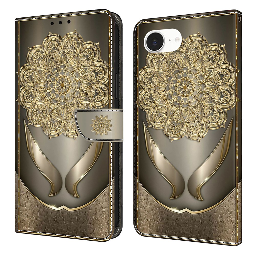 For iPhone 16e Wallet Case Pattern Printing PU Leather Flip Stand Phone Cover - Shining Golden Flowers