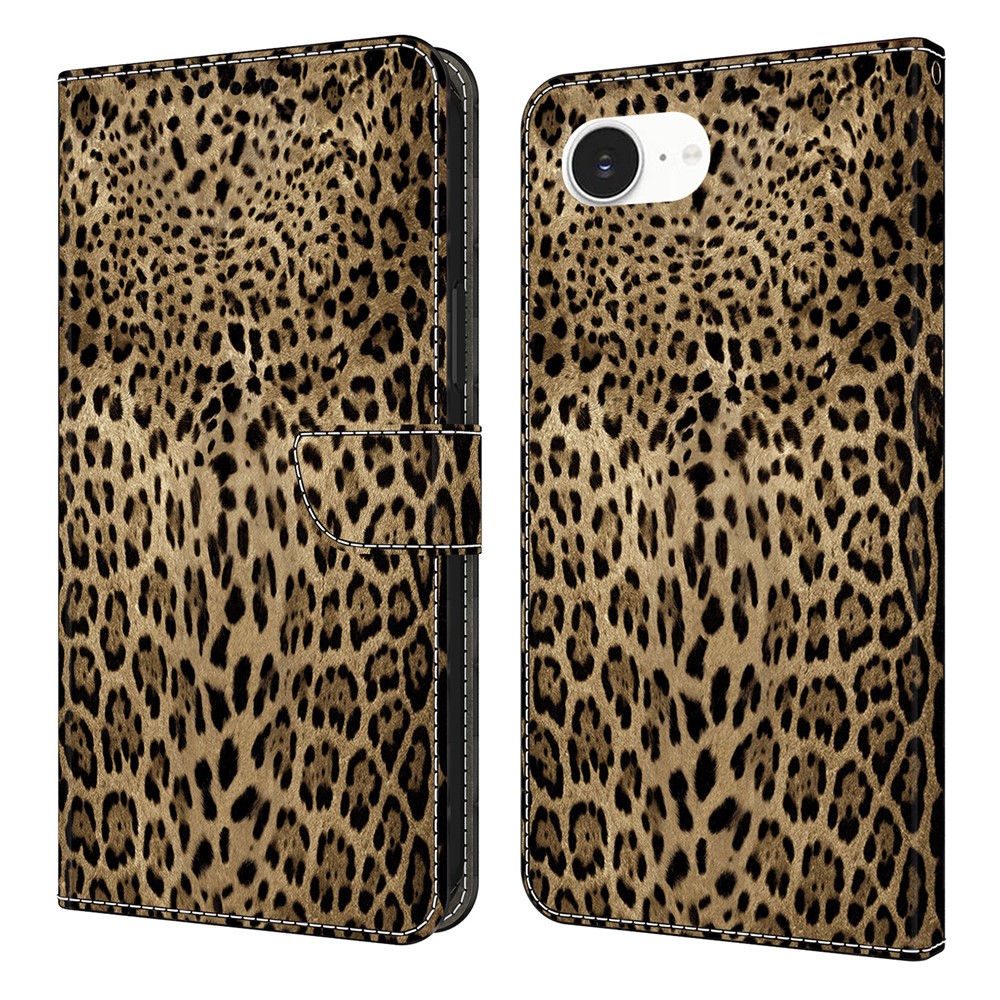 For iPhone 16e Wallet Case Pattern Printing PU Leather Flip Stand Phone Cover - Leopard Print