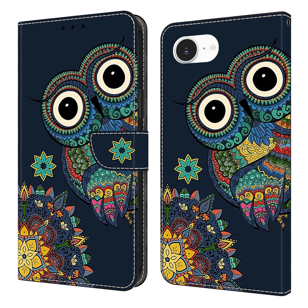 For iPhone 16e Wallet Case Pattern Printing PU Leather Flip Stand Phone Cover - Mandala Owl
