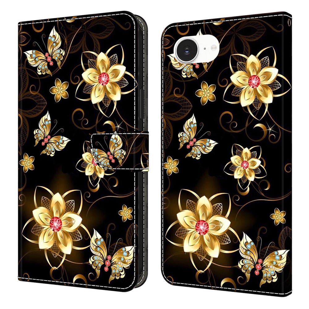 For iPhone 16e Wallet Case Pattern Printing PU Leather Flip Stand Phone Cover - Golden Flowers and Butterflies