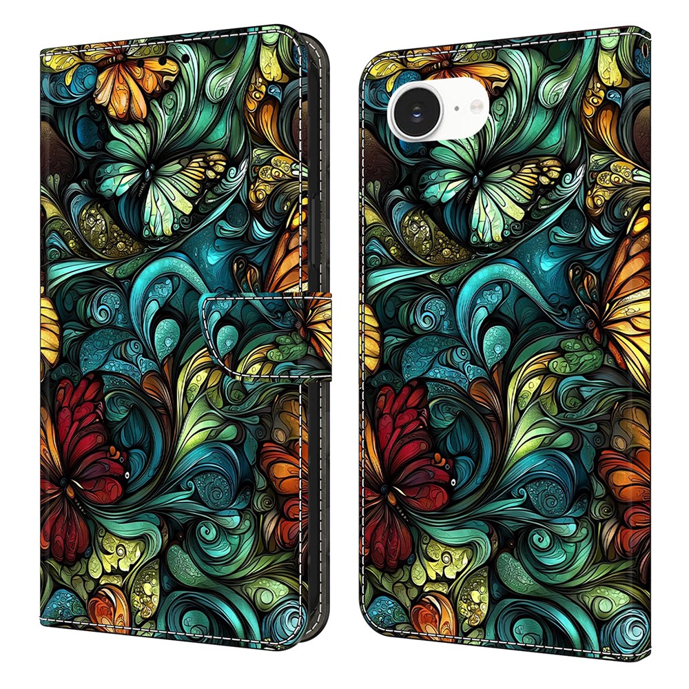For iPhone 16e Wallet Case Pattern Printing PU Leather Flip Stand Phone Cover - Watercolor Flowers and Plants