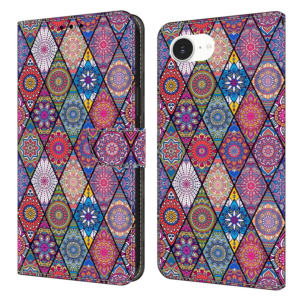 For iPhone 16e Wallet Case Pattern Printing PU Leather Flip Stand Phone Cover - Red Leather