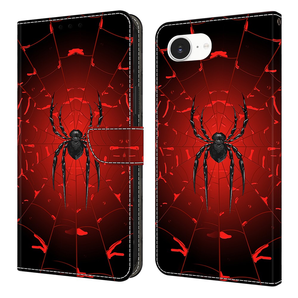 For iPhone 16e Wallet Case Pattern Printing PU Leather Flip Stand Phone Cover - Black Spider