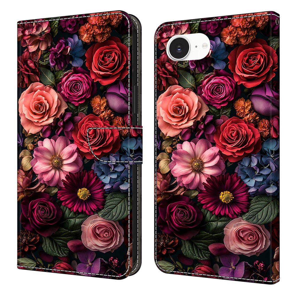 For iPhone 16e Wallet Case Pattern Printing PU Leather Flip Stand Phone Cover - Floral